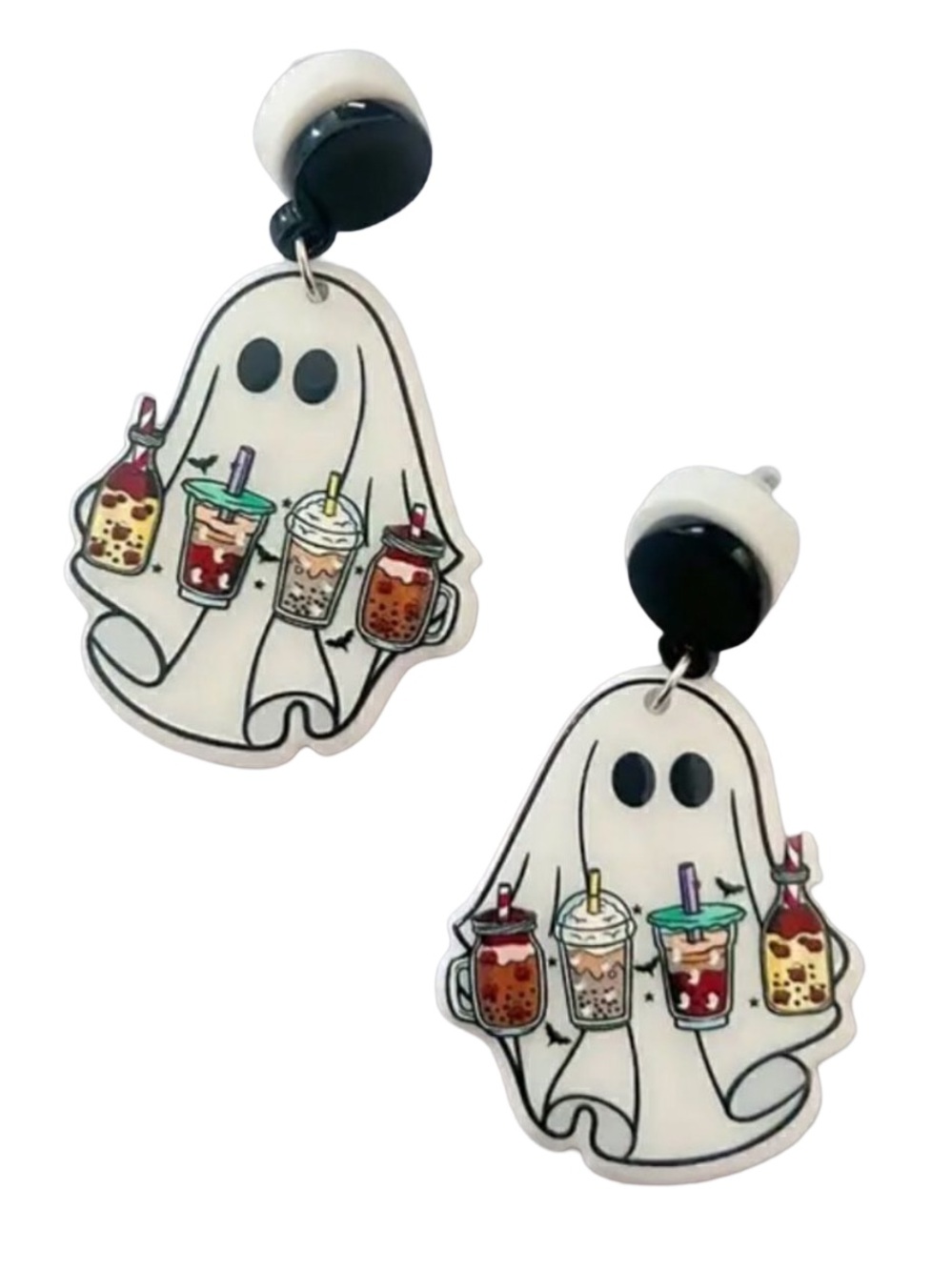 Boba Iced Coffee Ghost Acrylic Earrings Spooky Cute Halloween Dangle